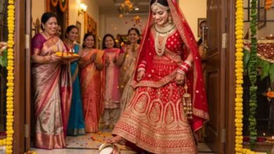 Photo of शादी के बाद दूल्हे के घर में प्रवेश से पहले दुल्हन चावल से भरा कलश क्यों गिराती है?